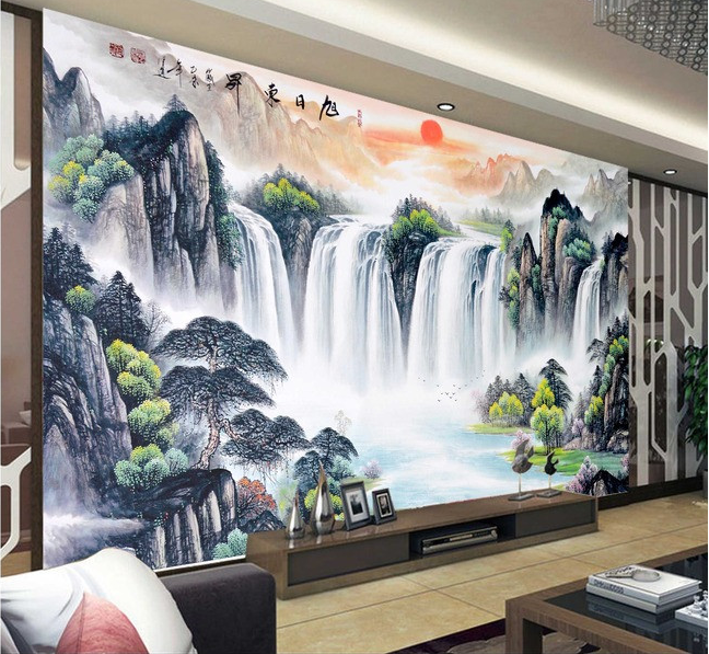 中式山水画风景墙纸酒店大厅壁纸沙发电视背景墙水墨旭日东升壁画