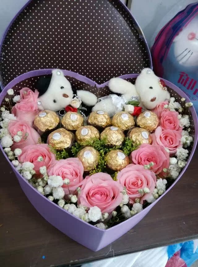 玫瑰花巧克力心形礼盒 生日鲜花礼物快递西安鲜花实体店同城速递