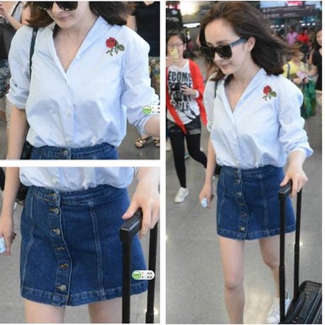 欧洲站2015最新款夏装杨幂机场同款显瘦套装宽松衬衫 牛仔半身裙