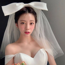 韩式公主甜美网红拍照头纱新娘缎布蝴蝶结头饰化妆师造型摄影配饰