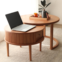 Nordic solid wood round tea table combination oak side several Japanese medieval living room small apartment cherry wood household round table