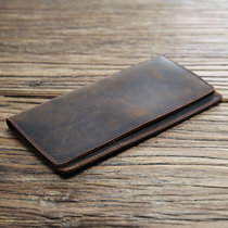 Mens retro real leather wallet long slim head layer cow leather money clip minimalist leather wallet crazy mappy man bag boomer youth