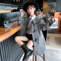 Girls thin tweed coat autumn Foreign Air gray plaid Academy style coat young children long woolen trench coat