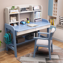 Lifting childrens learning table solid wood desk bookshelf integrated table home small bedroom student writing table
