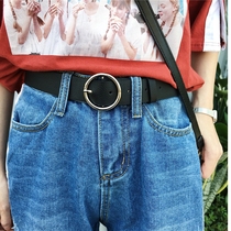 Round buckle belt female wide black simple Joker Korean casual ring retro metal belt student Wild