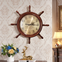 American home clock solid wood mute creative living room wall clock Chinese retro decorative clock personality rudder wall clock