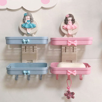 Cartoon cute wall-mounted bathroom toilet soap box double-layer punch-free soap rack drain with hook