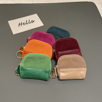 Retro Zero Wallet Frosted Leather Parquet Oil Wax Cow Leather Short Wallet Fashion Semicircle Coin Bag Genuine Leather Zipper Jewelry Bag
