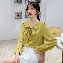 2020 autumn new style long-sleeved solid color chiffon shirt with ribbon bow tie ruffled collar chiffon shirt women