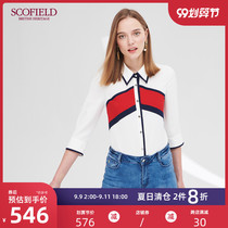 SCOFIELD women's three-quarter sleeves hit color square collar commuter chiffon blouse new SFBA92509Q
