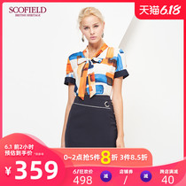 Scofield women's commuter contrast print straight tube ladies bow scarf shirt sfba72508q