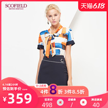 Scofield women's commuter contrast print straight tube ladies bow scarf shirt sfba72508q