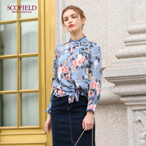 SCOFIELD women's autumn and winter print elegant organ pleated lace stand collar lantern sleeve shirt SFBA94909Q