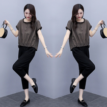 Cotton and hemp youth reducing age suit short sleeve 2020 New South Korean women's belly covering two-piece design sense top