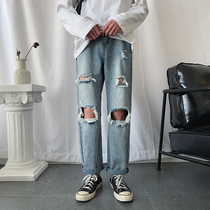 Summer thin jeans men's Korean Trend loose casual pants handsome splash ink hole straight tube cropped pants
