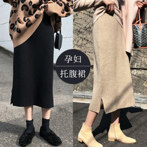 Pregnant womens skirt spring and autumn wear fashion medium and long high-end knitted split hip hip autumn winter belly skirt maternity dress