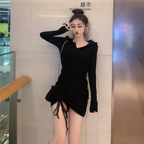 Slim hooded sweater dress women 2021 early autumn new fashion personality side drawstring lace-up hip skirt