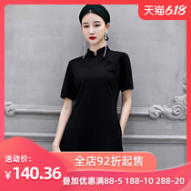 小黑裙旗袍盘扣上衣女套装中国风少女黑色短裤减龄两件套年轻女装