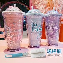 With straw water Cup quicksand girl heart ins cute portable adult pregnant woman child adult plastic