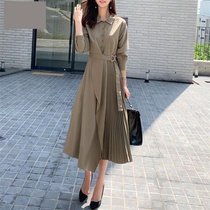 Bai Luoan lace lapel shirt skirt women 2020 autumn new waist slimming dress mid-length pleated skirt