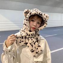 Bear BAO WEN hat scarf one female autumn and winter cute Korean version ins winter padded warm hooded scarf