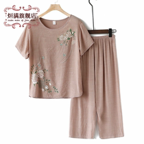 The new summer mother two-piece suit for the elderly womens linen short-sleeved loose large size grandmas dress printed summer
