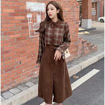 Fall winter women's 2020 new polo collar horn sleeve plaid fake two-piece stitching waist retro French dress
