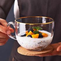 Transparent Japanese-style gilt glass breakfast Cup home Oatmeal cup large capacity Milk Cup with lid spoon drinking cup