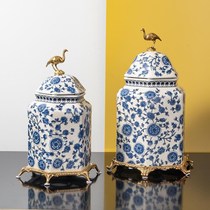 European-style American new Chinese blue and white ceramic with copper storage jar ornament villa entrance luxury general jar ornaments