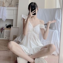 (With chest pad) cotton pajamas womens summer sweet suspenders two-piece set sexy princess style increase home clothes