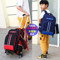 Pupils pull rod schoolbag boy 1-3-6 grade large capacity children waterproof drag back dual-purpose can climb stairs 5