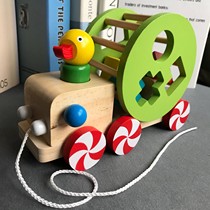 Wood trailer toys 1-3 years old wooden intelligence wisdom duck rope pull car gift baby puzzle pull car