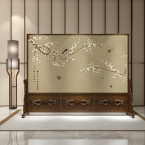 Modern new Chinese solid wood screen partition living room Hotel office custom mobile entrance carved flower and bird seat screen