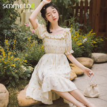 夏季新款中国风女装清新复古文艺碎花短袖连衣裙一字肩显瘦露肩裙