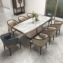 New Chinese all solid wood rectangular rock board dining table modern Chinese dragon and phoenix sandalwood dining table and chair combination restaurant furniture