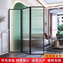 Modern simple light luxury Changhong tempered glass folding hole-free dining room living room Wrought iron stainless steel screen partition