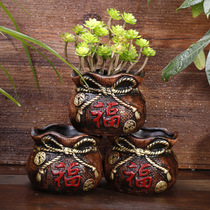 Gardening trumpet lace antique clay gathering money bag ceramic flower pot red blessing relief Fu character double mouth modern simplicity