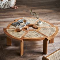 Japanese retro creative polygon Cherry solid wood rattan tea table wicker style round low table small apartment living room