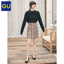 GU Extreme Women's Plaid Mini Skirt Simple Front Button Casual A-line Skirt College Style Autumn 319723