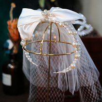 Japan and South Korea sweet pearl handmade hair band satin bow short veil super fairy wedding wedding bridal head jewelry