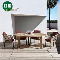 Teak outdoor table and chair Garden furniture Balcony rattan chair Garden outdoor terrace Anti-corrosion wood round table rattan chair combination