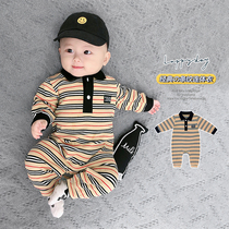  2021 spring and autumn baby clothes pure cotton British striped romper climbing clothes male baby net red western style one-piece autumn clothes