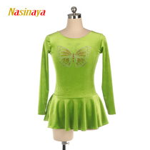 Funo Custom Children Adult Skating Skating Suit Girls Performance Competition Test Skirt Green Velvet Butterfly Diamond
