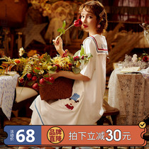 Nightdress women's summer thin short sleeve cotton white long knee pajamas Lovely Japanese summer home clothes skirt