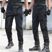 Black training pants mens spring and autumn wear-resistant tactical pants military fans pants grid training pants security pants loose