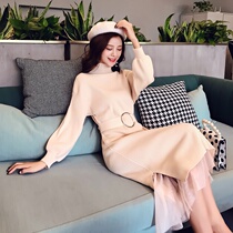 Knitted dress Autumn and winter goddess Fan socialite turtleneck sweater skirt bottom long skirt French waist two-piece skirt