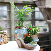 Strange high green plant fleshy flowerpot retro black porous ceramic simple large pastoral combination creative round