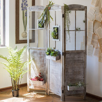 Pastoral net red retro folding screen Nordic solid wood entrance partition Flower rack Window hollow clothing store Floor-to-ceiling