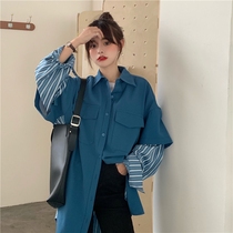 Fake two pieces 2021 double pocket stitching stripe loose lapel casual long female design sense niche shirt