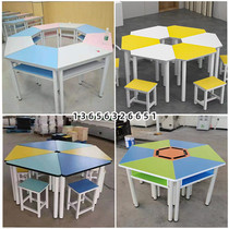 Solid Wood Trapezoidal Table Triangle Combined Splicing Table Group Activities Table Strip Training Class Table And Chairs Students Hexagon Table
